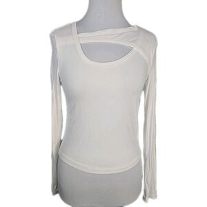 White Ribbed Stretch Rayon Crop Top Keyhole Front Long Sleeve Medium M